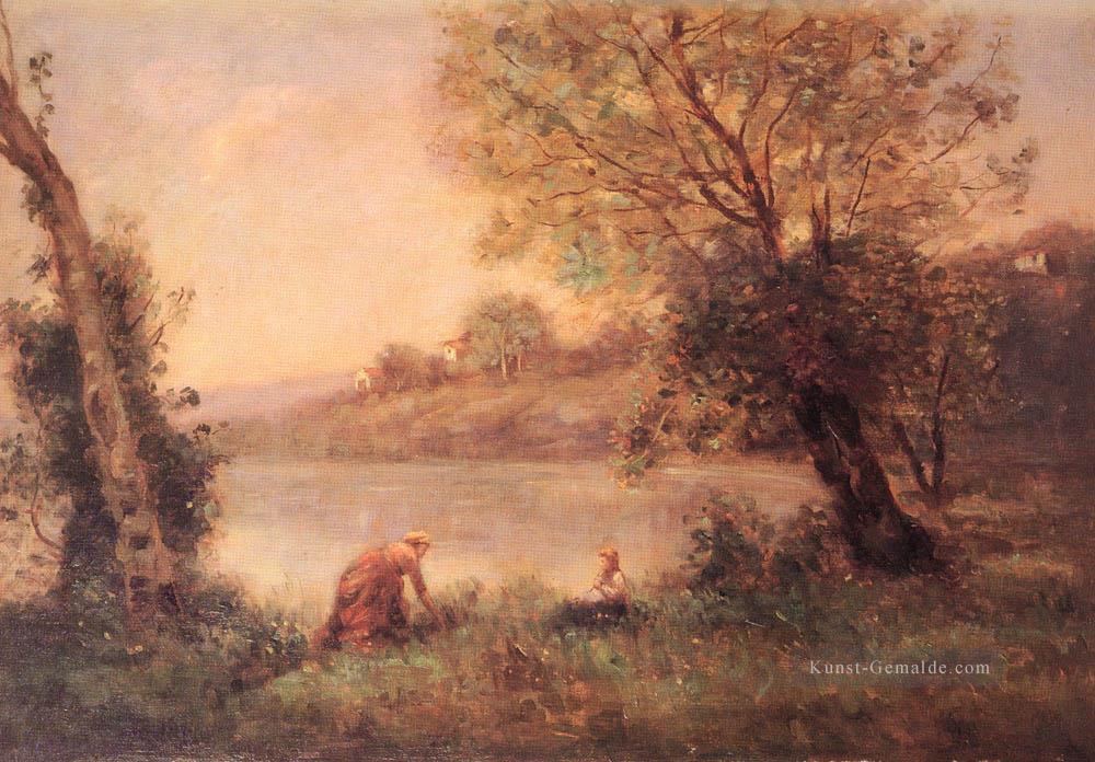 VILLEDAVARYPAYSANNE ET SON ENFANT ENTRE DEUX ARBRES AU BORD DE plein air Romantik Jean Baptiste Camille Corot Ölgemälde